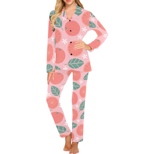 Grapefruit leaves flower pink background Women's Long Pajama Set