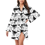 Black whale pattern Women's Long Sleeve Belted Night Robe