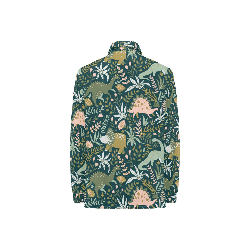 dinosaurs tropical leaves flower pattern Women's Long Sleeve Polo Shirt