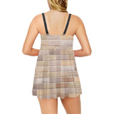 Brick Printed Pattern Print Design 01 Chest Sexy Pleated Two Piece Swim Dress