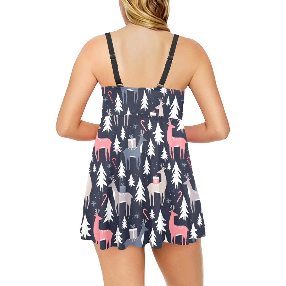 Deers Winter Christmas pattern Chest Sexy Pleated Two Piece Swim Dress