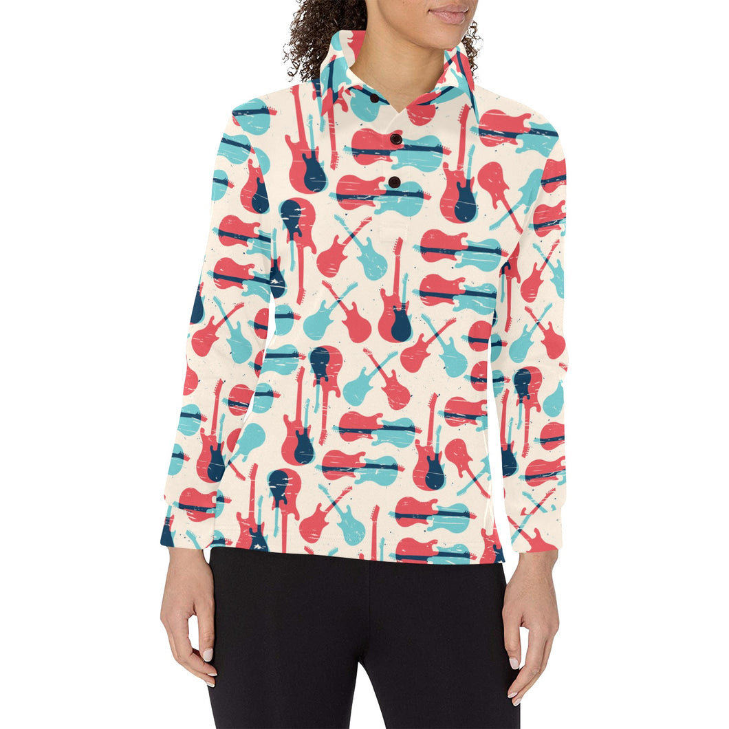 Red Blue guitar pattern Women's Long Sleeve Polo Shirt