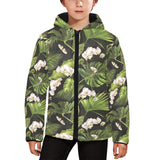 White orchid flower tropical leaves pattern blackg Kids' Boys' Girls' Padded Hooded Jacket