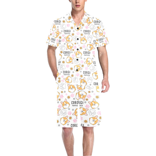 Corgi Dog Pattern Men's V-Neck Short Pajama Set