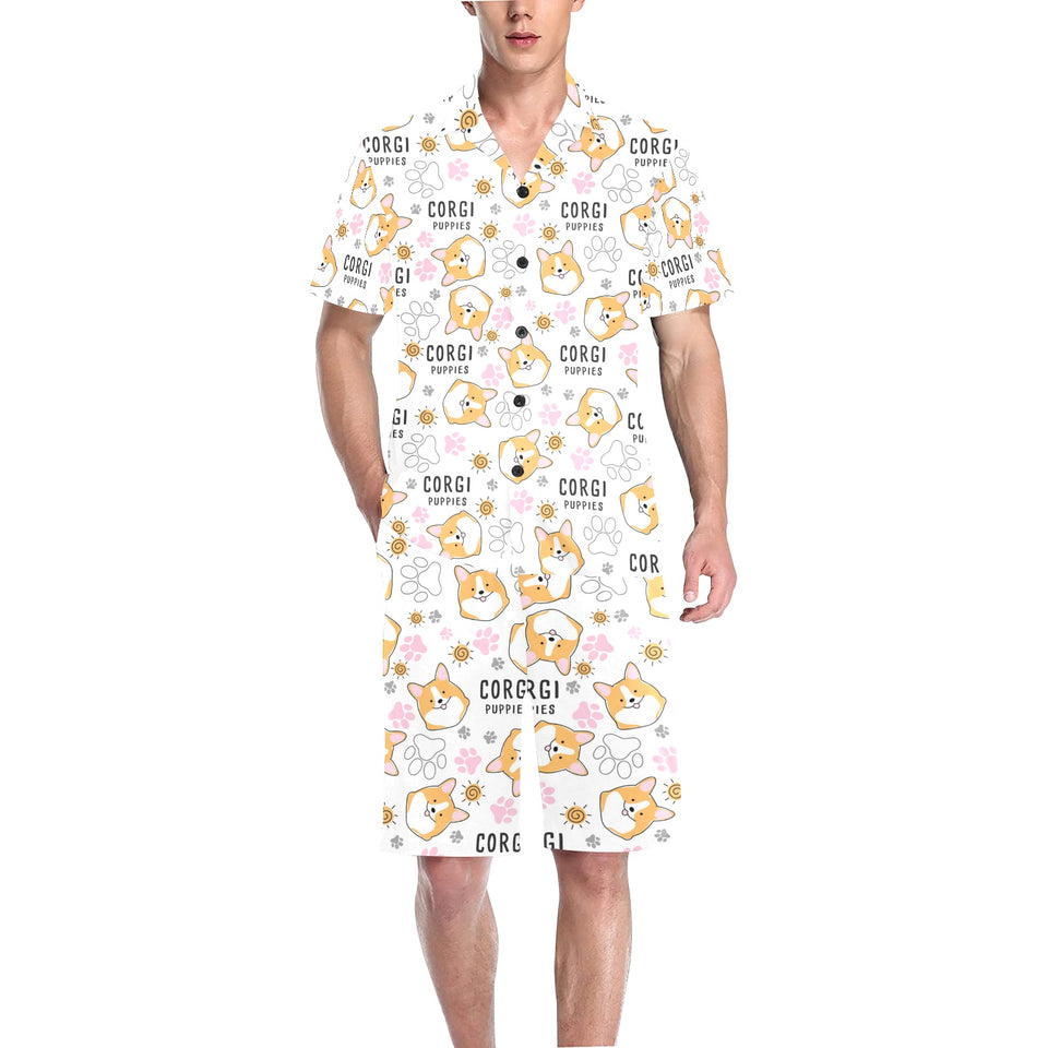 Corgi Dog Pattern Men's V-Neck Short Pajama Set
