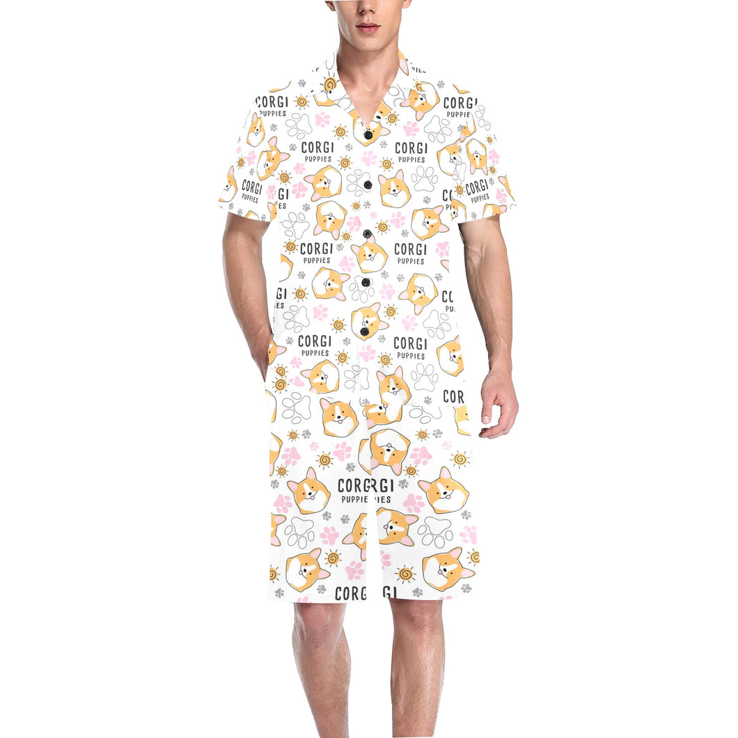 Corgi Dog Pattern Men's V-Neck Short Pajama Set