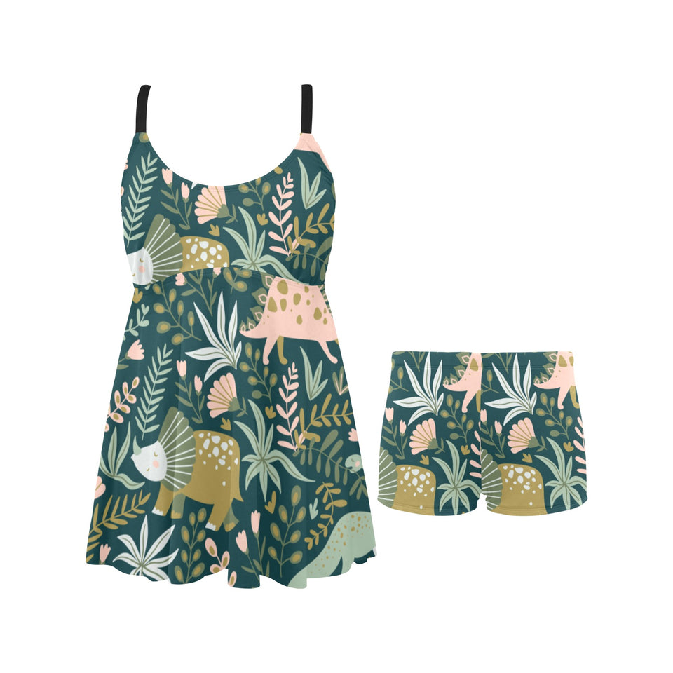 dinosaurs tropical leaves flower pattern Chest Sexy Pleated Two Piece Swim Dress