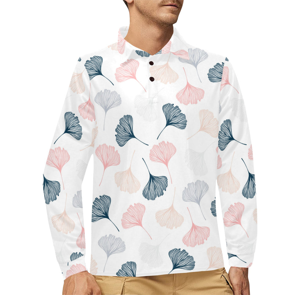 Black Gray Cream coral ginkgo leaves pattern Men's Long Sleeve Polo Shirt