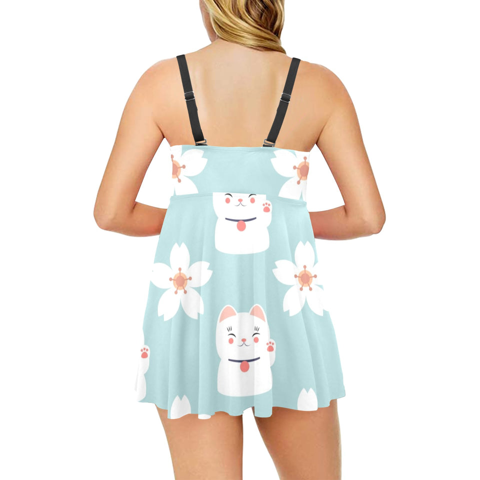 Maneki neko cat sakura Chest Sexy Pleated Two Piece Swim Dress