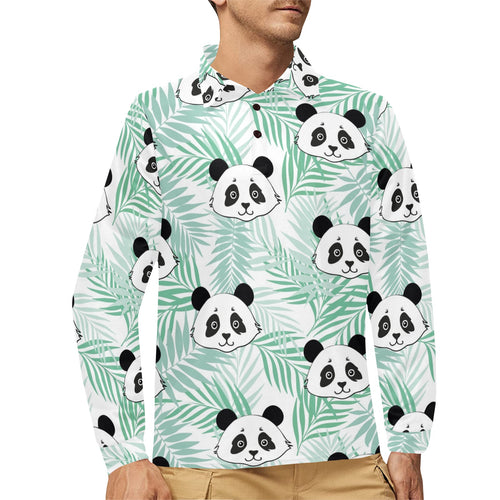 Panda pattern tropical leaves background Men's Long Sleeve Polo Shirt