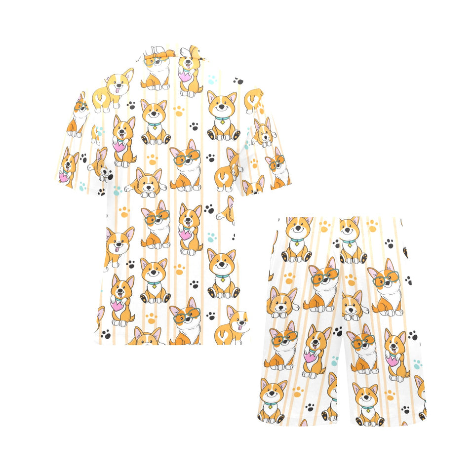 Cute dog corgi striped background pattern Men's V-Neck Short Pajama Set