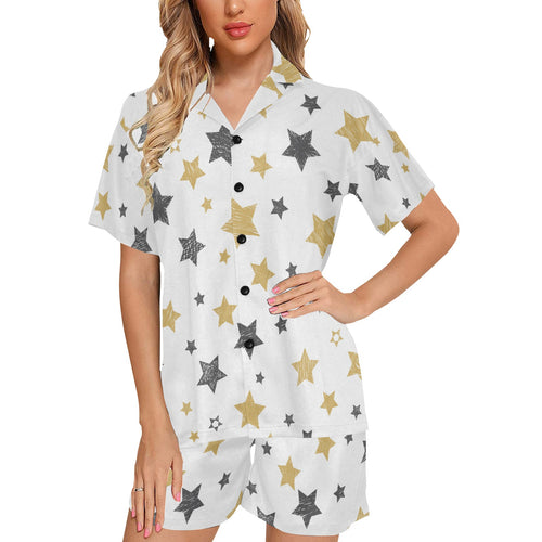 hand drawn gold black star pattern Women's V-Neck Short Pajama Set