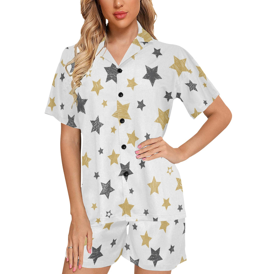 hand drawn gold black star pattern Women's V-Neck Short Pajama Set
