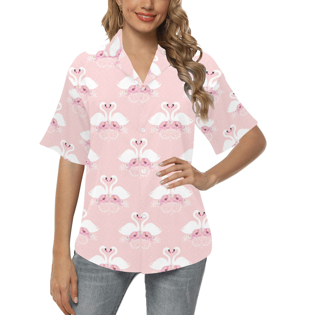 White swan and flower love pattern Women's All Over Print Hawaiian Shirt