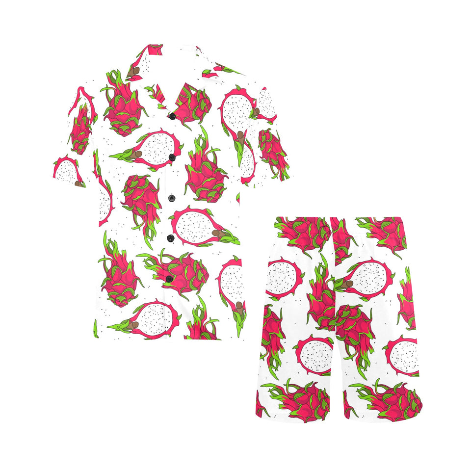 dragon fruits white background Men's V-Neck Short Pajama Set