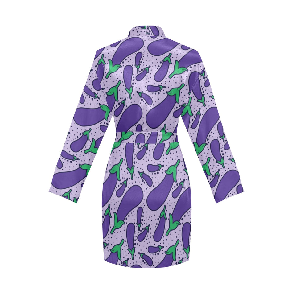 Eggplant Pattern Print Design 03 Women's Long Sleeve Belted Night Robe