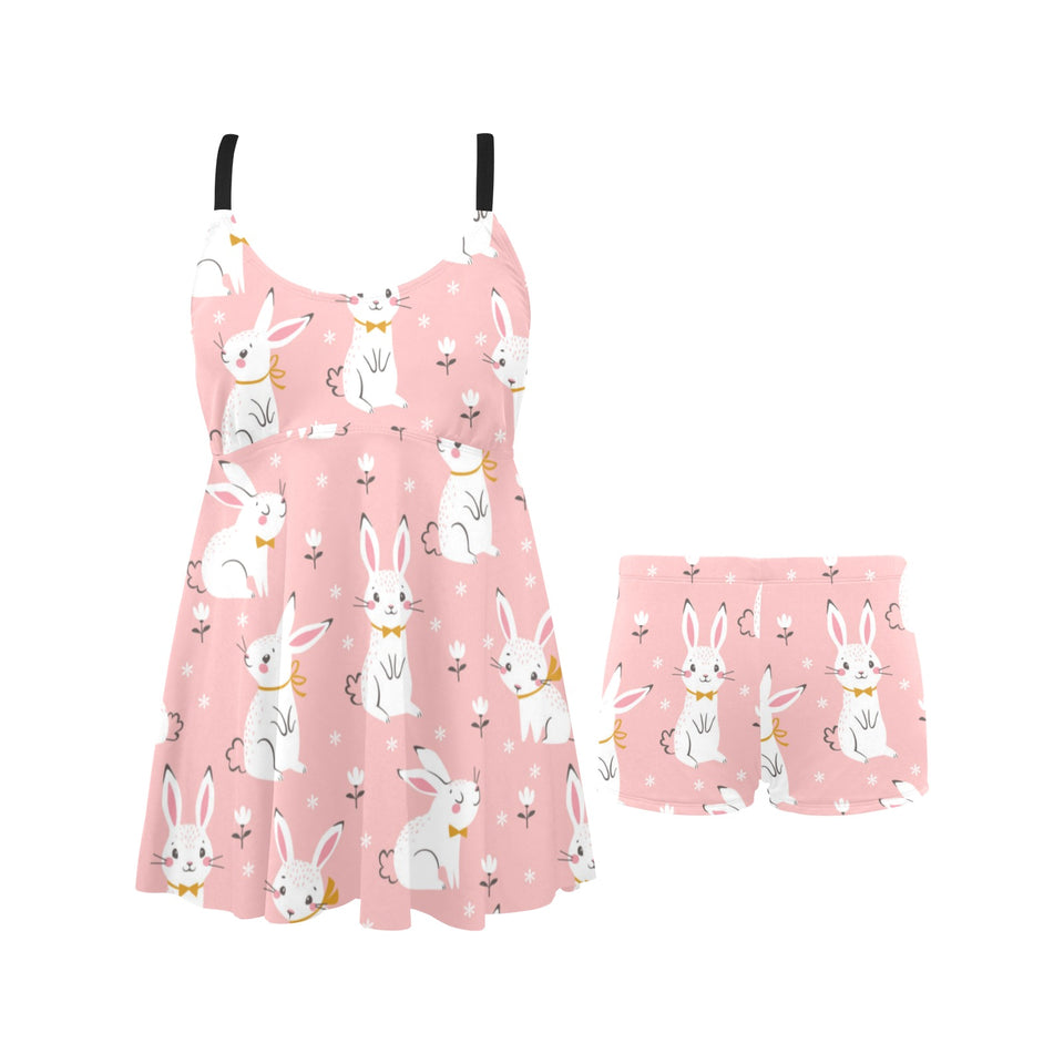 Cute white rabbit flower pink background Chest Sexy Pleated Two Piece Swim Dress