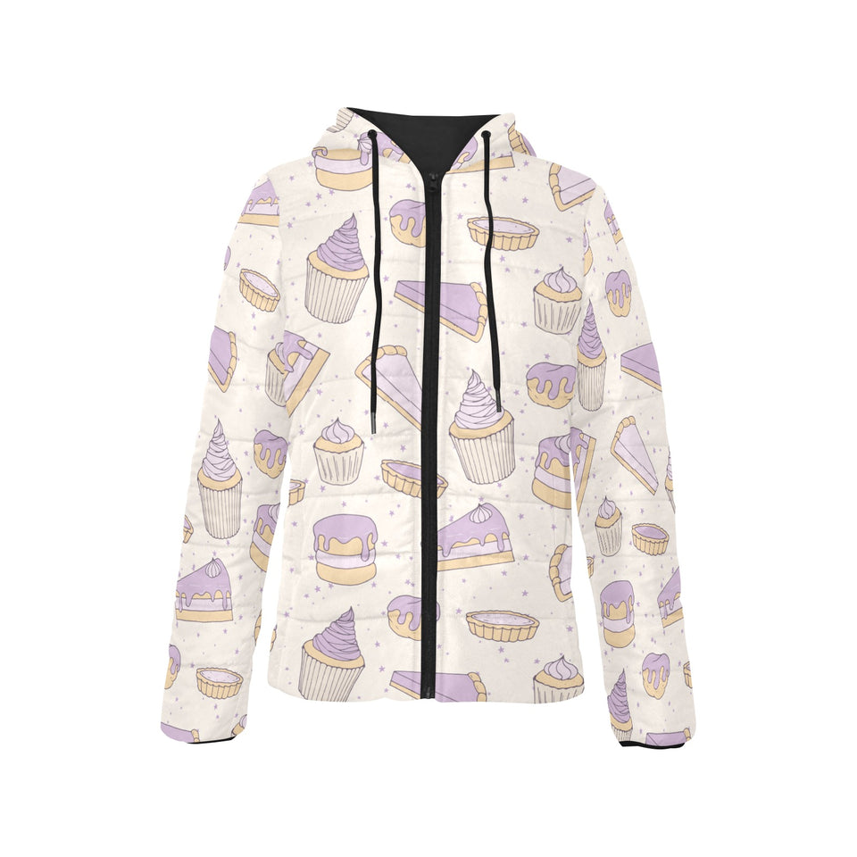 Cakes pies tarts muffins and eclairs purple bluebe Women's Padded Hooded Jacket