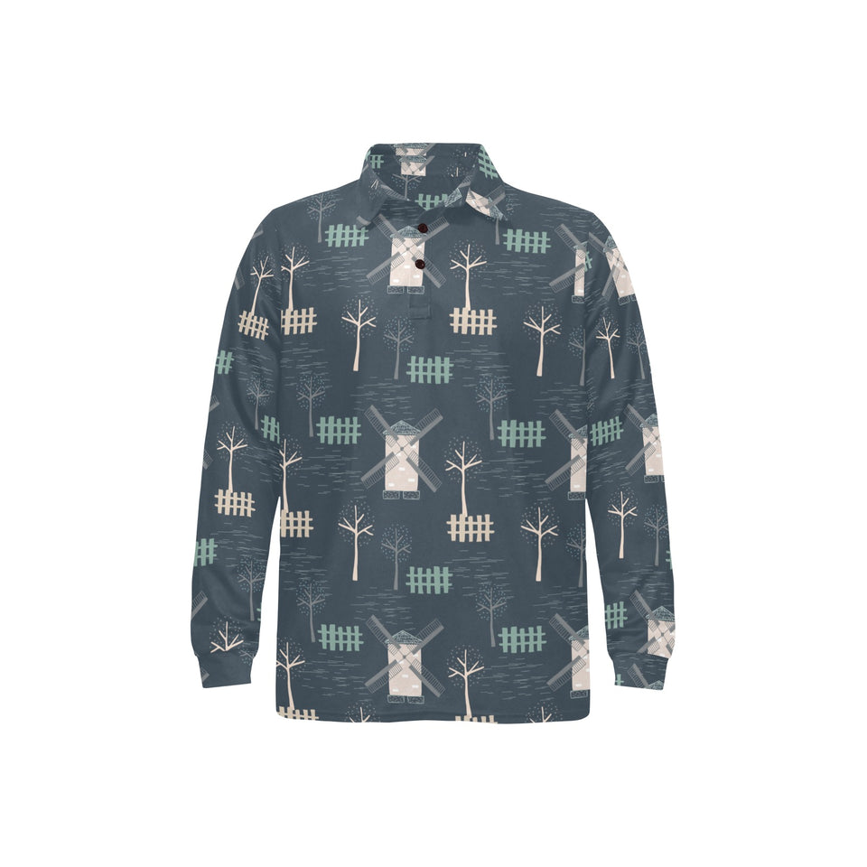 windmill tree pattern Men's Long Sleeve Polo Shirt