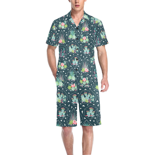 Cactus glass terrarium pattern Men's V-Neck Short Pajama Set