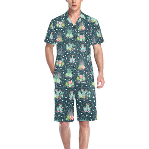 Cactus glass terrarium pattern Men's V-Neck Short Pajama Set