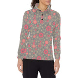 Red gold Sakura cherry blossom gray background Women's Long Sleeve Polo Shirt