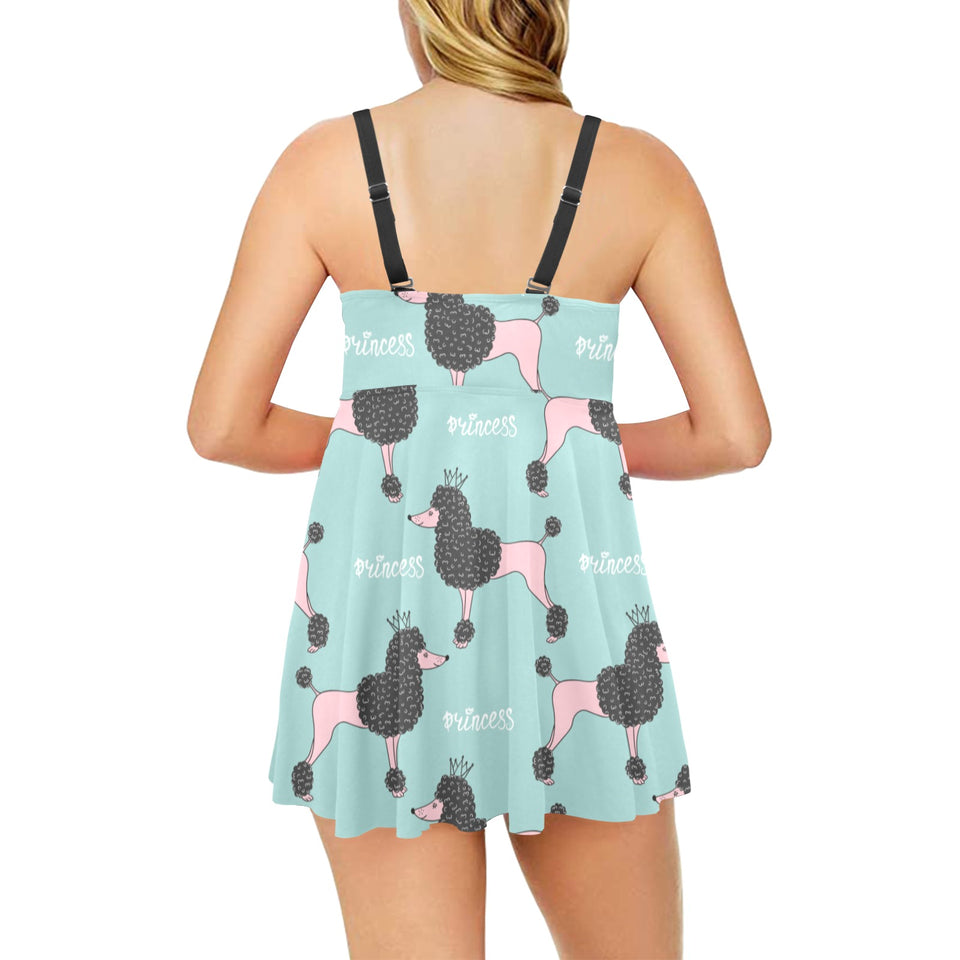 poodle dog green background Chest Sexy Pleated Two Piece Swim Dress