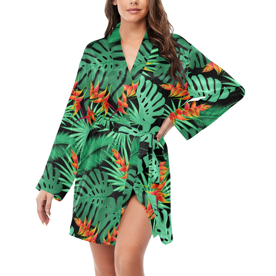 heliconia flower palm monstera leaves black backgr Women's Long Sleeve Belted Night Robe