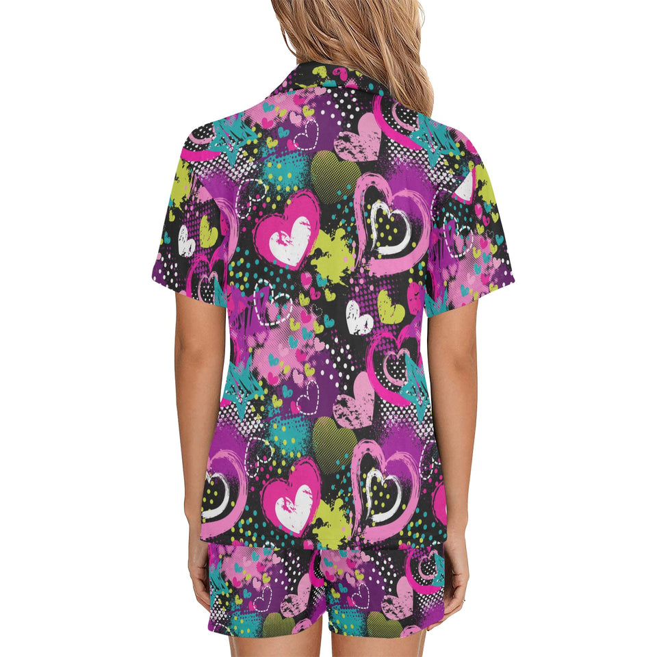 heart dot wave star creative design pattern Women's V-Neck Short Pajama Set