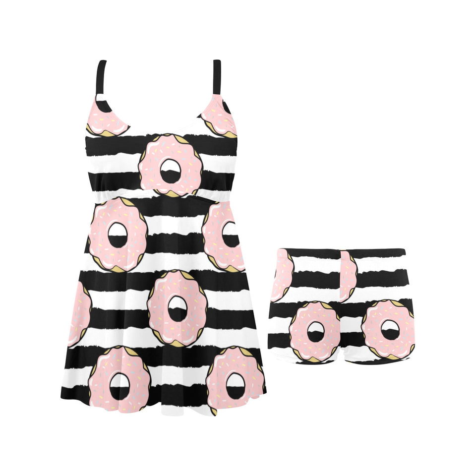 Donuts pink icing striped pattern Chest Sexy Pleated Two Piece Swim Dress