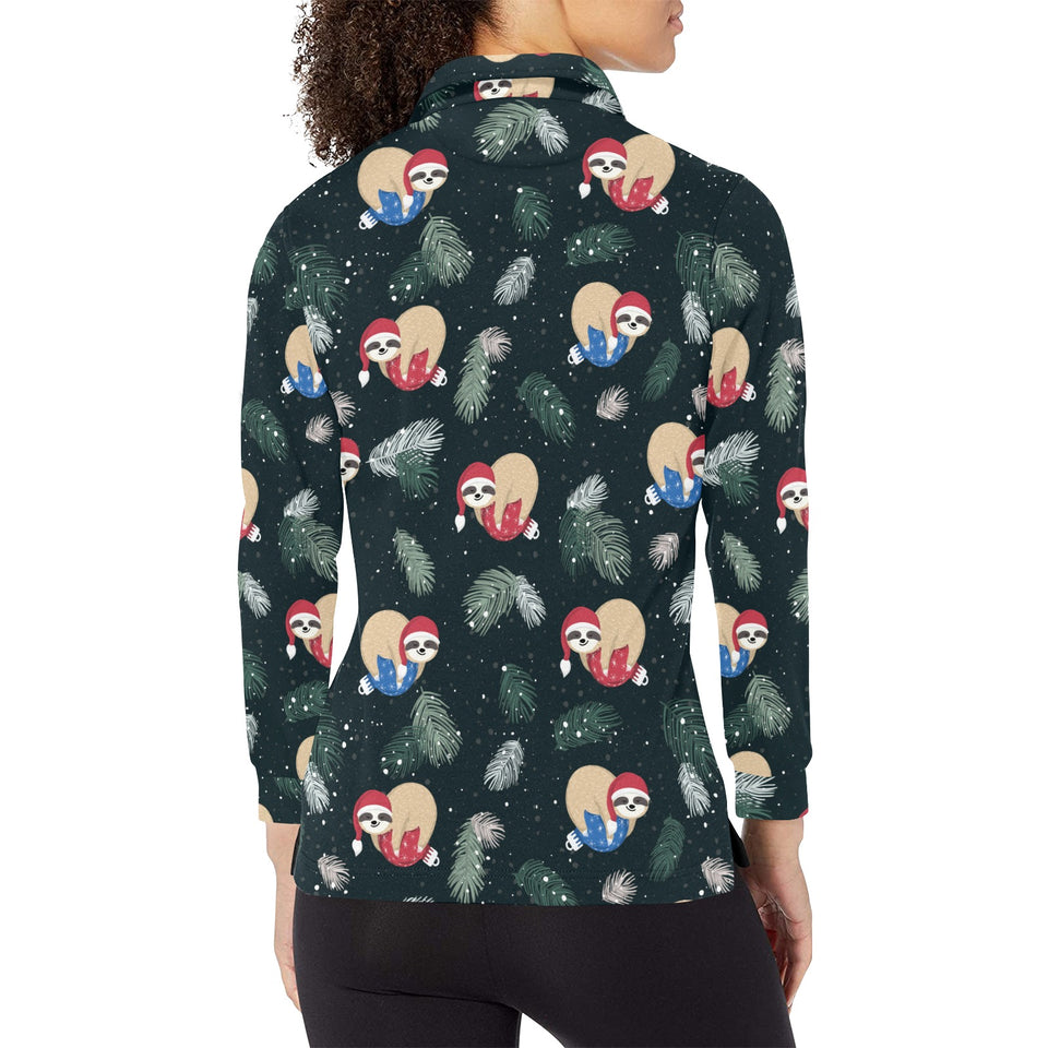 Cute sloths sleeping christmas ball santa hat patt Women's Long Sleeve Polo Shirt