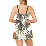 Monkey red hibiscus flower palm leaves floral patt Chest Sexy Pleated Two Piece Swim Dress
