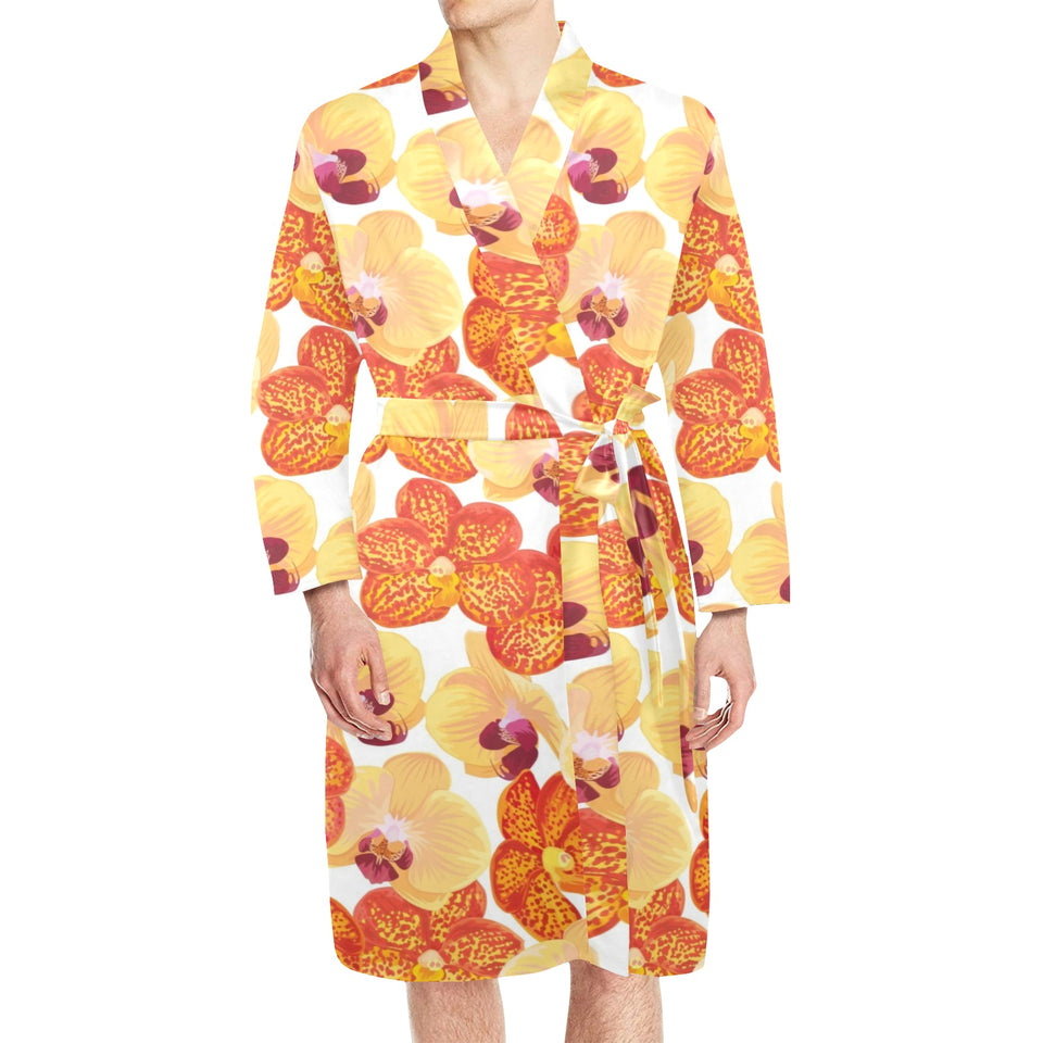 Orange yellow orchid flower pattern background Men's Long Sleeve Belted Night Robe