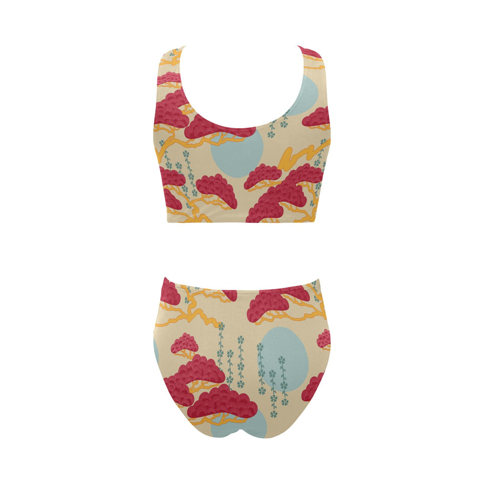 Red Bonsai gray sun japanese pattern Chest Bowknot High Waisted Bikini Swimsuit