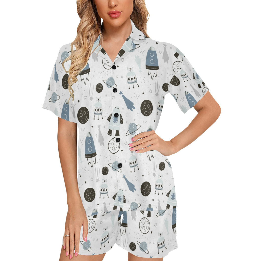 Hand drawn space elements space rocket star planet Women's V-Neck Short Pajama Set
