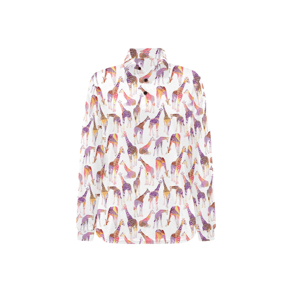 Giraffe Pattern Print Design 02 Women's Long Sleeve Polo Shirt