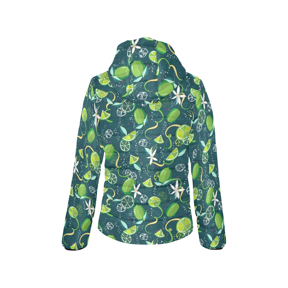 Lime ice flower pattern Women's Padded Hooded Jacket