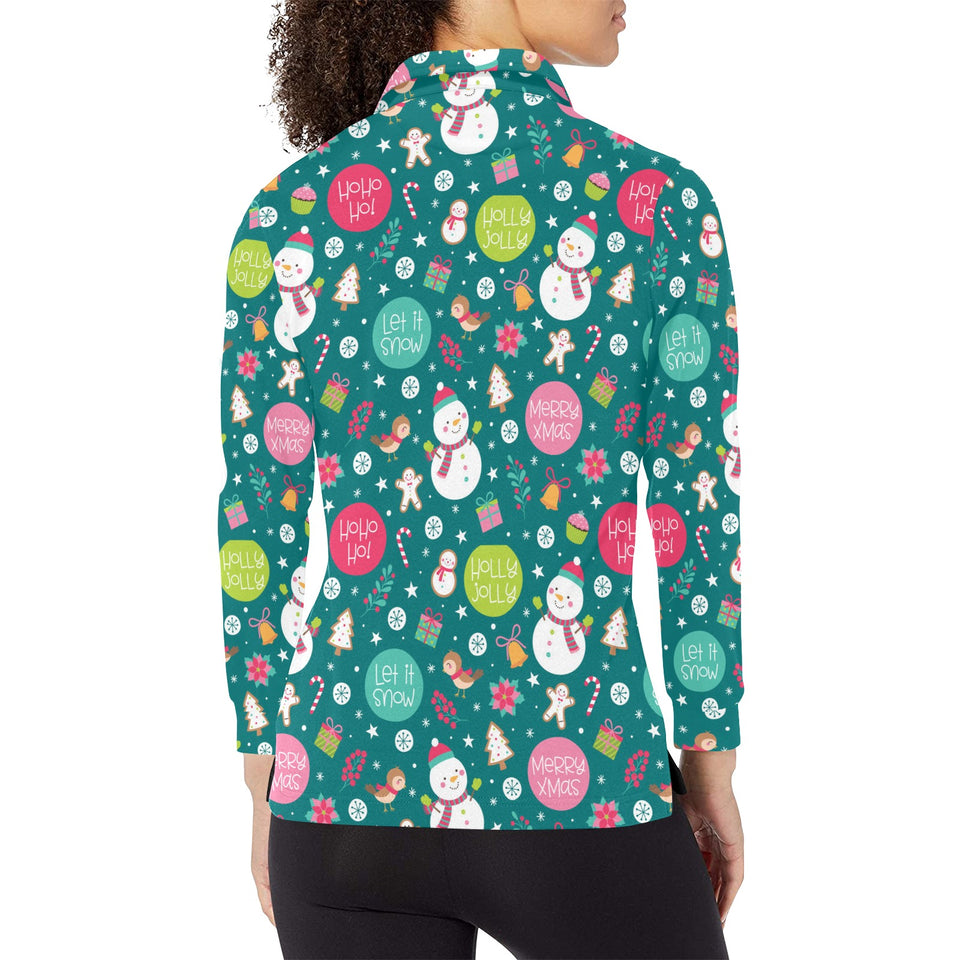 Snowman bird decorative elements christmas pattern Women's Long Sleeve Polo Shirt