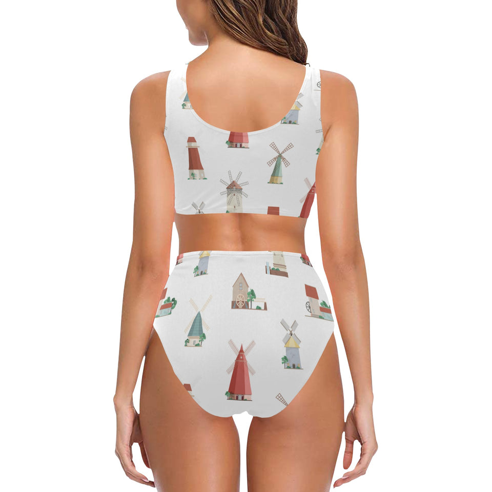 windmill design pattern Chest Bowknot High Waisted Bikini Swimsuit