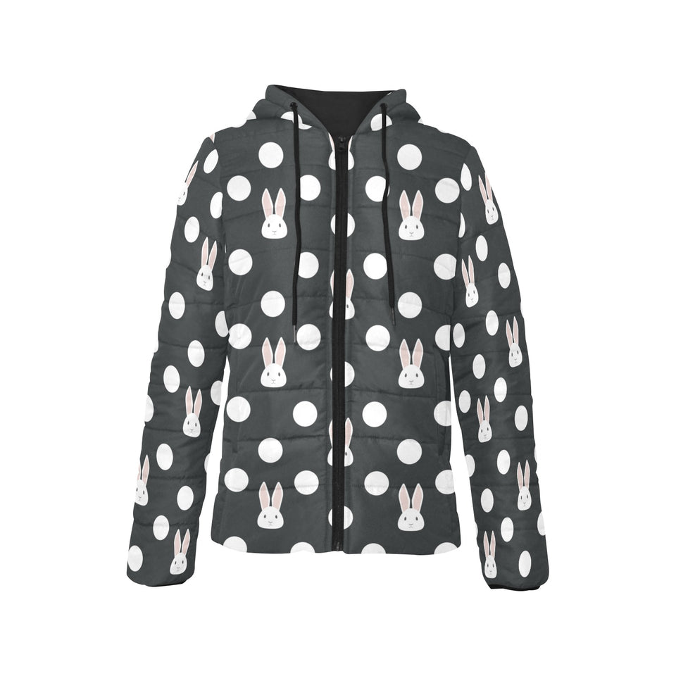 Cute white rabbit polka dots black background Women's Padded Hooded Jacket