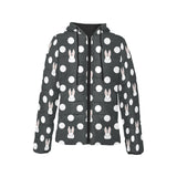 Cute white rabbit polka dots black background Women's Padded Hooded Jacket
