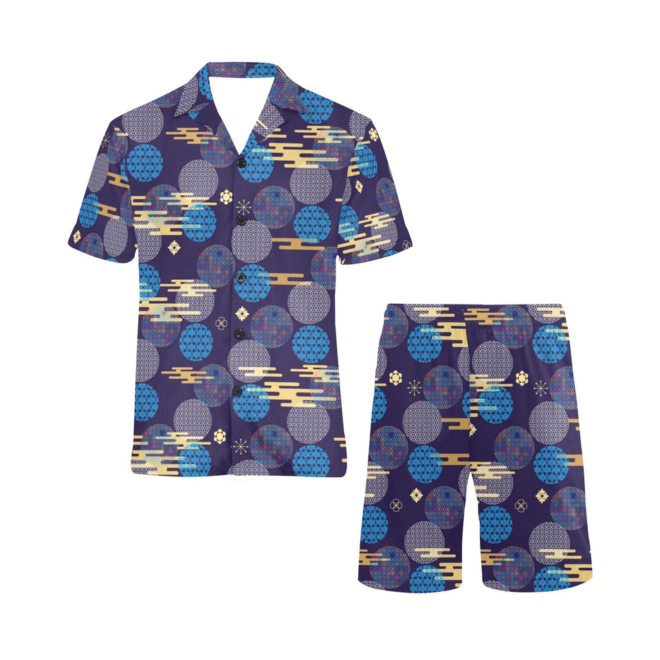 Blue japanese pattern cloud wave flower Men's V-Neck Short Pajama Set