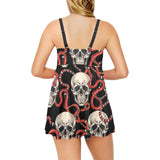 Red snake skull pattern Chest Sexy Pleated Two Piece Swim Dress
