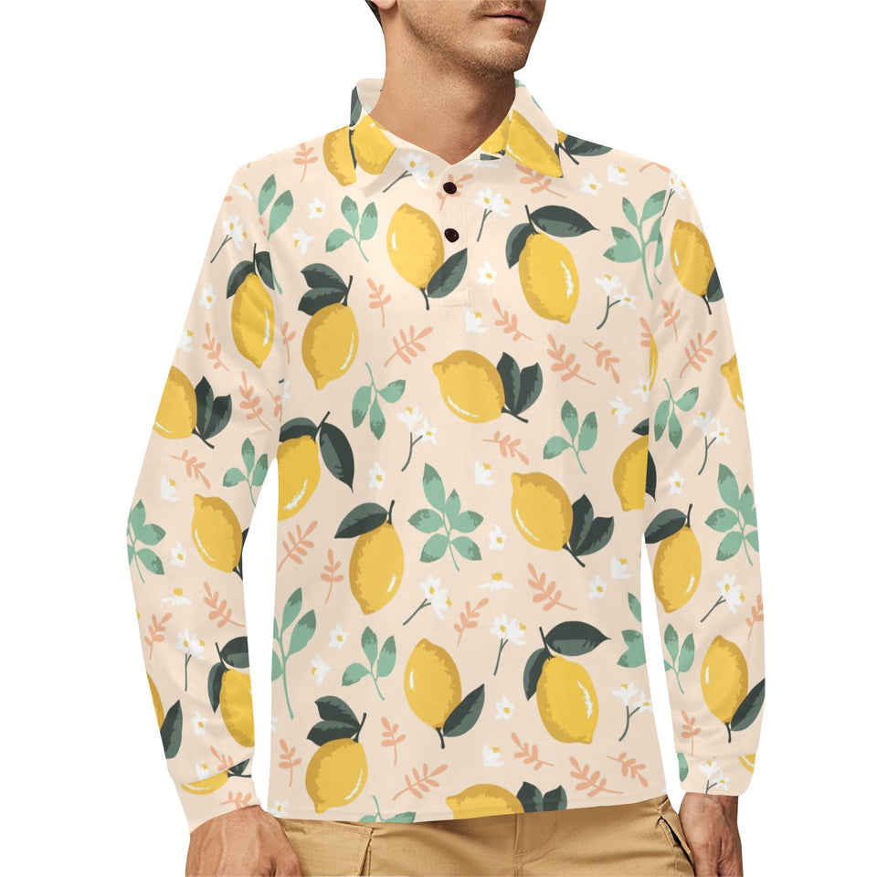 lemon flower leave pattern Men's Long Sleeve Polo Shirt
