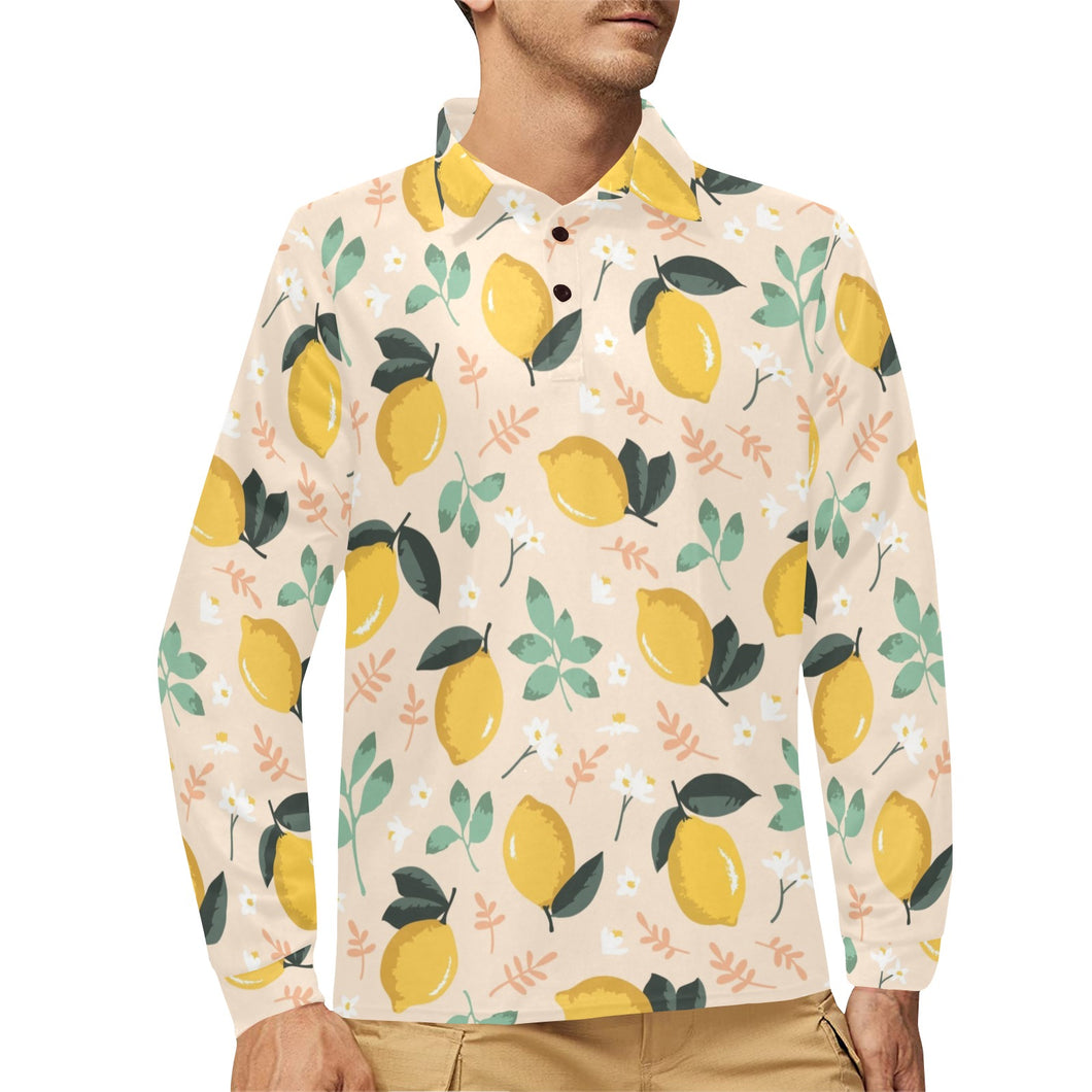 lemon flower leave pattern Men's Long Sleeve Polo Shirt