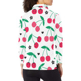 cherry pattern white background Women's Long Sleeve Polo Shirt