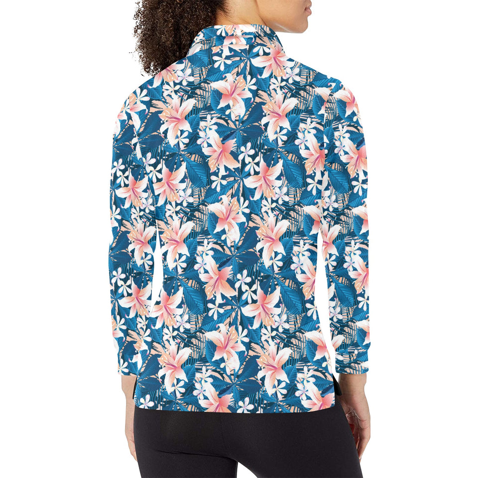 Hibiscus Pattern Print Design 02 Women's Long Sleeve Polo Shirt