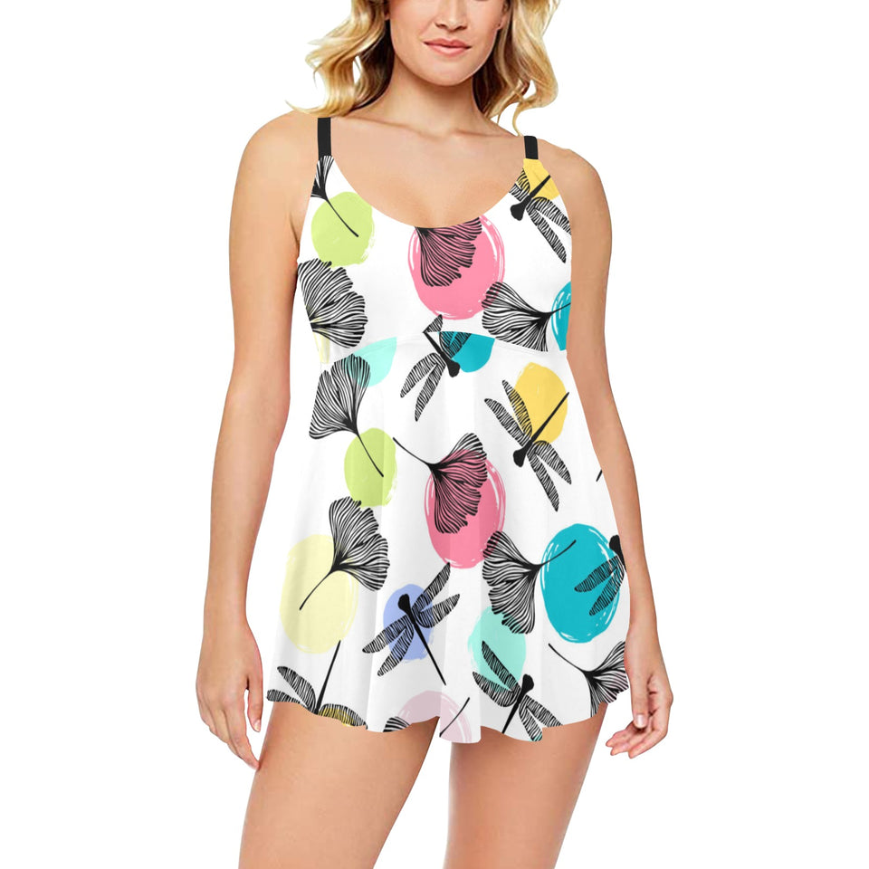 Dragonflies ginkgo leaves pattern Chest Sexy Pleated Two Piece Swim Dress