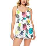 Dragonflies ginkgo leaves pattern Chest Sexy Pleated Two Piece Swim Dress