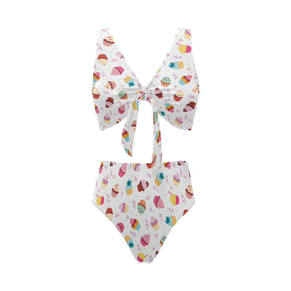 Cake cupcake design pattern Chest Bowknot High Waisted Bikini Swimsuit